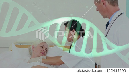 White coat doctor checking patient chest with stethoscope in hospital, showing DNA overlay 135435393