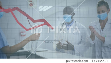 Standing masked team examining red line graph behind lab counter, with clear vial and grid overlay Standing masked team examining red line graph behind lab counter, with clear vial and grid overlay 135435402