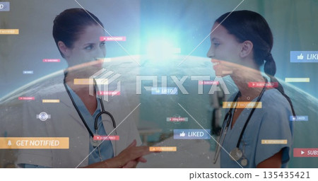 Medics wearing lab coats, scrubs, stethoscopes exchanging greetings in ward, with globe, UI labels Medics wearing lab coats, scrubs, stethoscopes exchanging greetings in ward, with globe, UI labels 135435421