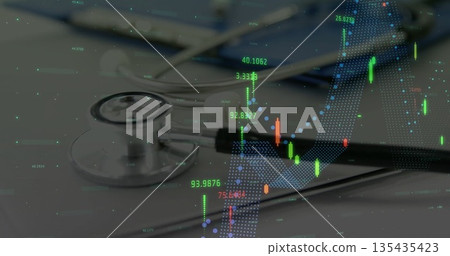 Featuring stethoscope resting on office desk, with laptop keys, candlestick overlays and trend line Featuring stethoscope resting on office desk, with laptop keys, candlestick overlays and trend line 135435423