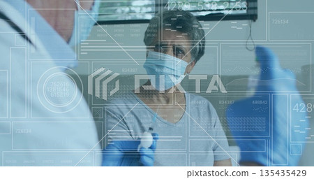 Patient sitting on bench in exam room, with surgical mask, swab, gloves and digital overlays Patient sitting on bench in exam room, with surgical mask, swab, gloves and digital overlays 135435429