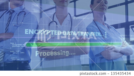 Staff with stethoscopes viewing encrypted data transfer panel in clinic, showing green progress bar 135435434