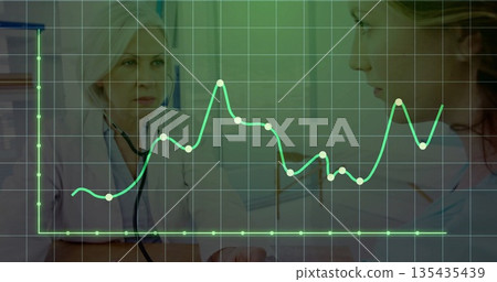 Reviewing medical results, physician consulting patient in clinic, with stethoscope and line chart Reviewing medical results, physician consulting patient in clinic, with stethoscope and line chart 135435439