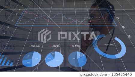 Physician in white coat with stethoscope studying data holograms with tablet in clinic, copy space Physician in white coat with stethoscope studying data holograms with tablet in clinic, copy space 135435440