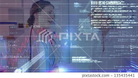 Consulting doctor in lab coat examining patient at clinic with stethoscope, digital graphs and code 135435441