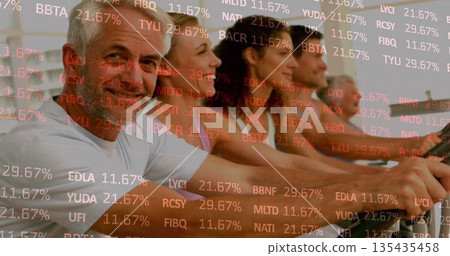 Pedaling six adults gripping cardio machines at gym, showing translucent stock market overlay 135435458