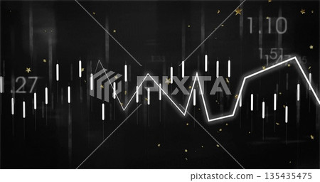 Displaying white zigzag trend line on dark dashboard with candlestick bars, figures and gold stars 135435475