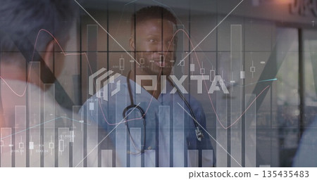 Doctor in scrubs with stethoscope assessing masked patient in medical corridor, with data overlay Doctor in scrubs with stethoscope assessing masked patient in medical corridor, with data overlay 135435483