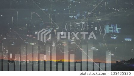 Displaying digital stock chart overlay at urban dusk with candlestick and histogram, light trails 135435520
