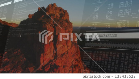 Displaying code on rugged cliff at sunset, with File  ENCRYPTION progress bar and hex dump 135435522