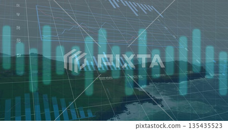 Glowing holographic bar charts over rocky shoreline, showing grid lines, line graph and axis labels 135435523