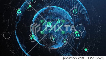 Rotating glowing digital globe in cyberspace, with grid lines arrows and energy icons Rotating glowing digital globe in cyberspace, with grid lines arrows and energy icons 135435528