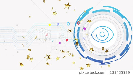Showing interface holding blue eye icon on right canvas, with gold stars, circuit lines, copy space Showing interface holding blue eye icon on right canvas, with gold stars, circuit lines, copy space 135435529