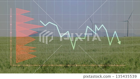 Standing wind turbines in crop field, grid overlay, turquoise line graph, red fan chart, copy space 135435539