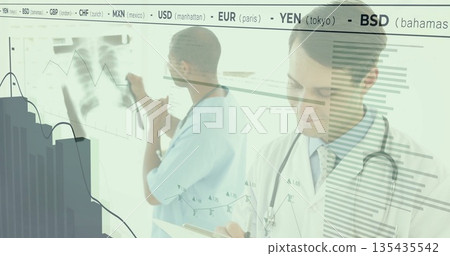 Writing male physician taking notes on clipboard in radiology suite, with financial graphs overlay Writing male physician taking notes on clipboard in radiology suite, with financial graphs overlay 135435542