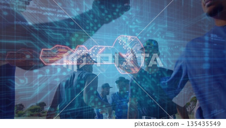 Displaying digital key hovering above baseball team in jerseys huddling on infield, with circuitry 135435549