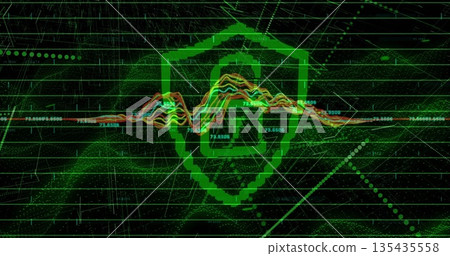 Projecting green shield icon showing padlock symbol and waveform in grid, with numbers and nodes Projecting green shield icon showing padlock symbol and waveform in grid, with numbers and nodes 135435558