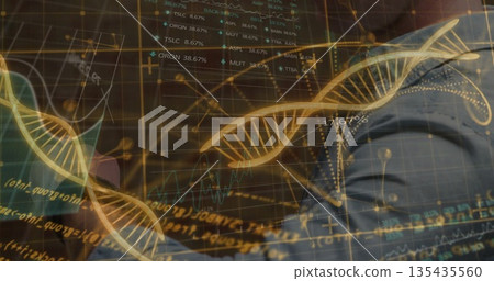 Two analysts wearing blazers studying holographic 3D DNA helix in lab, with code, percent overlays Two analysts wearing blazers studying holographic 3D DNA helix in lab, with code, percent overlays 135435560
