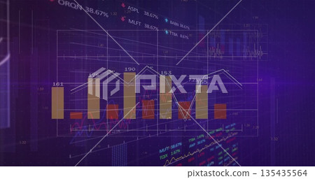 Dashboard displaying yellow bars and white line graph in purple backdrop, with stock tickers 135435564