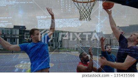Leaping dark grey shirt player attempting layup at outdoor residential court, with code overlay Leaping dark grey shirt player attempting layup at outdoor residential court, with code overlay 135435566