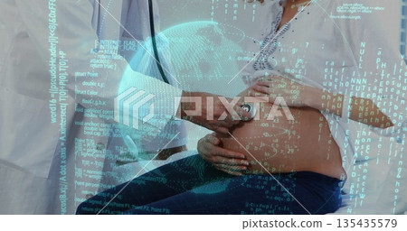 Examining doctor in coat placing stethoscope on pregnant abdomen in clinic with globe code overlay Examining doctor in coat placing stethoscope on pregnant abdomen in clinic with globe code overlay 135435579