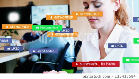 Holding smartphone white woman wearing blouse scanning notification icons at office, copy space Holding smartphone white woman wearing blouse scanning notification icons at office, copy space 135435594