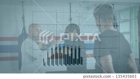 Instructor and students practicing martial arts in dojo, with punching bag and bar chart overlay 135435601