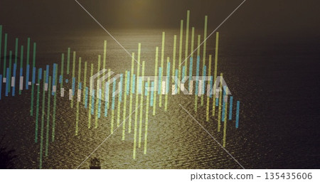 Displaying multicolored waveform bars floating over shimmering water surface, under golden sunlight Displaying multicolored waveform bars floating over shimmering water surface, under golden sunlight 135435606