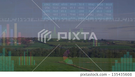 Overlaying rolling fields and hedgerows in rural landscape, with bar chart and line graph overlays 135435608