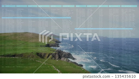 Showing grassy coastal cliffs descending into churning sea at cliff base, with overlaid data tables 135435610