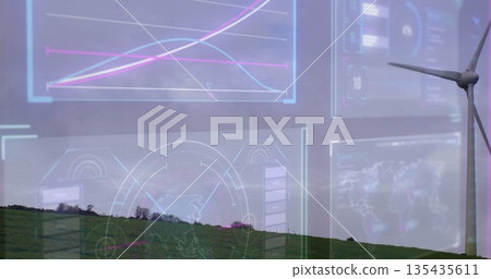 Wind turbine generating energy in rural hillside, with line charts world map panels, copy space Wind turbine generating energy in rural hillside, with line charts world map panels, copy space 135435611