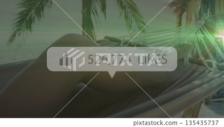 Reclining female wearing bikini relaxing on hammock at beach shore, overlay showing 526,774 likes 135435737