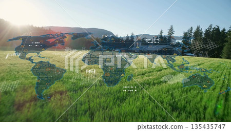 Projecting translucent holographic map across sunlit meadow, showing hex grid warnings and nodes 135435747