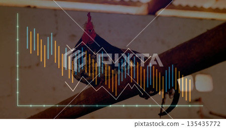 Perching rooster displaying black feathers, red comb on beam in barn, overlaid with financial chart Perching rooster displaying black feathers, red comb on beam in barn, overlaid with financial chart 135435772
