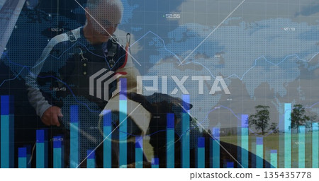 Mature farmer wearing denim overalls petting dairy cow in pasture, with digital overlay Mature farmer wearing denim overalls petting dairy cow in pasture, with digital overlay 135435778