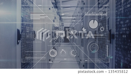 Stretching symmetrical corridor displaying server racks and digital UI overlay in data center 135435812