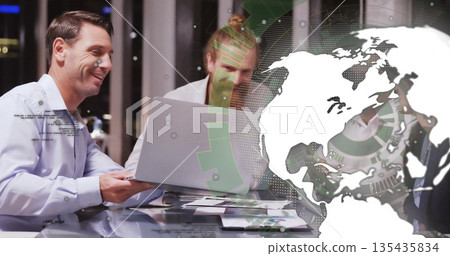 Reviewing man in business shirt holding printed report in meeting room, with laptop, charts, pens Reviewing man in business shirt holding printed report in meeting room, with laptop, charts, pens 135435834