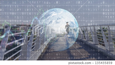 Running jogger in gray leggings on footbridge, with white railings, globe, binary code, chart lines Running jogger in gray leggings on footbridge, with white railings, globe, binary code, chart lines 135435859
