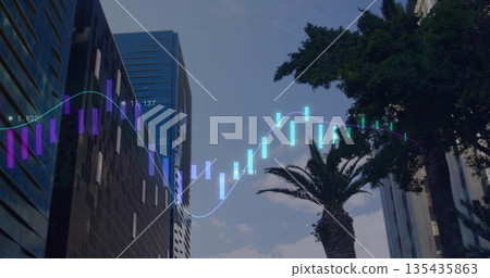 Displaying mature palm tree centering downtown street, with skyscrapers and candlestick bars 135435863