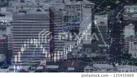 Overlaying candlestick bars and line graphs on city skyline, with skyscrapers and elevated highway 135435869