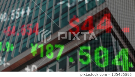 Overlaying stock ticker scrolling across high-rise glass and metal facade with green red numerals 135435895