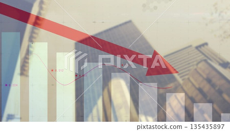 Large red downward arrow spanning urban skyline, with skyscrapers bar chart columns and line graph Large red downward arrow spanning urban skyline, with skyscrapers bar chart columns and line graph 135435897