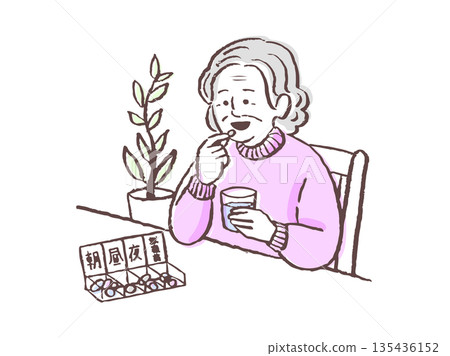 插圖描繪了一位微笑的老人正在服藥。使用藥盒可以防止忘記服藥。 135436152