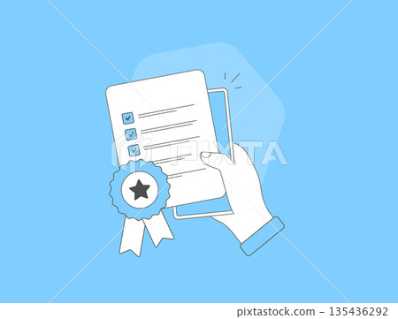 Quality control with QC process ensures product, service excellence through certified approval, passed checklist and guarantee. Hand checks standards to assure trust and delivery quality illustration Quality control with QC process ensures product, service excellence through certified approval, passed checklist and guarantee. Hand checks standards to assure trust and delivery quality illustration 135436292