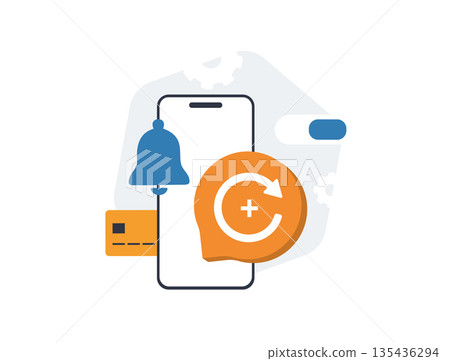 Subscription renewal mobile app reminds users to extend plan with notification bell. Subscription auto renewal, billing cycle and membership extension in digital service workflow vector illustration 135436294