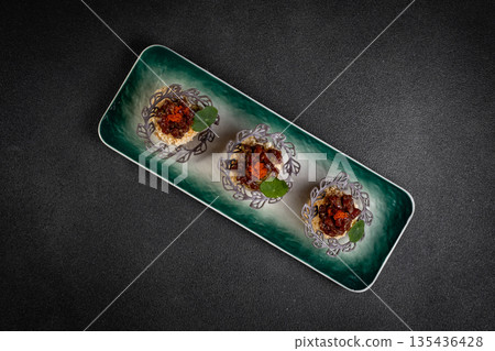 Cheese fried balls or croquettes with potatoes or rice. Snacks, fast food, junk food Cheese fried balls or croquettes with potatoes or rice. Snacks, fast food, junk food 135436428