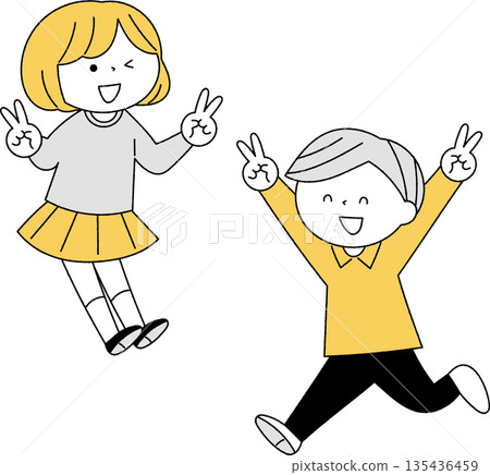 兒童比劃和平手勢，單色 135436459