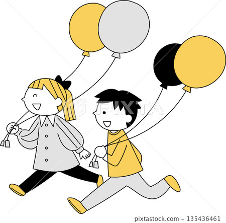 Children running with balloons, monochrome Children running with balloons, monochrome 135436461