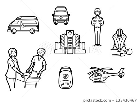 庫存插圖：醫療和緊急應變線條畫插圖集 135436467