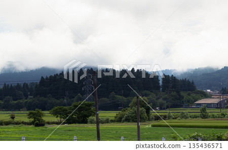 Deep forest and summer countryside of Tokamachi shrouded in mist Morning in Satoyama with a steel tower Deep forest and summer countryside of Tokamachi shrouded in mist Morning in Satoyama with a steel tower 135436571